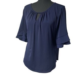 New York & Co Navy Double Ruffle Sleeve Keyhole Top